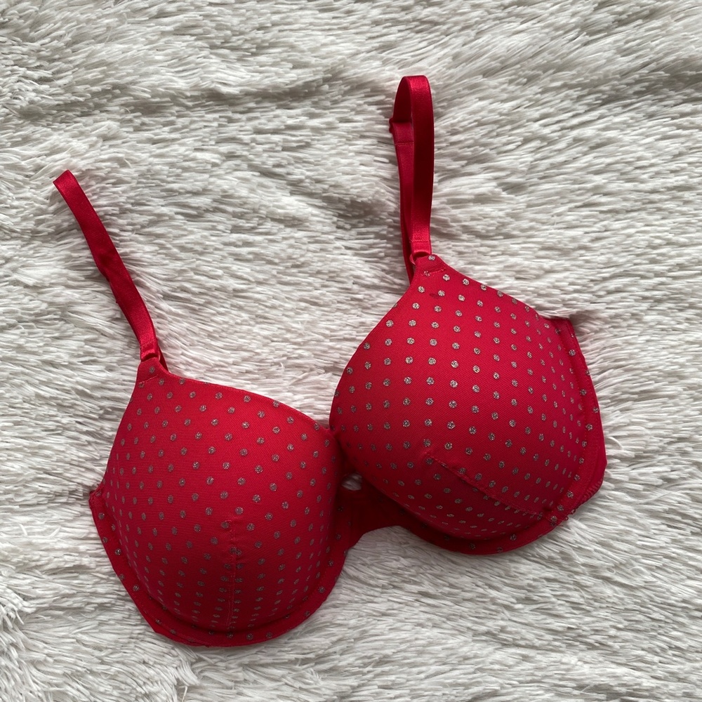 Victoria's Secret Perfect Coverage Red Silver Polka Dot Bra 34DD